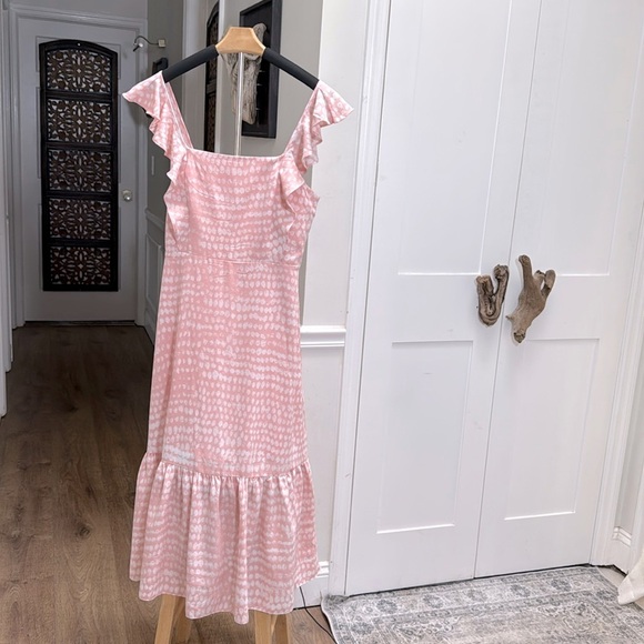 BCBG Paris Pink Ruffle Strap Midi Dress NWNT | Feminine Resort Brunch Boho Chic - Picture 3 of 11